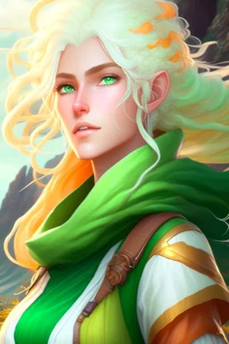 fantasy setting, woman ranger traveler with orange and white hair, pastel green eyes, kind, soft facial traits