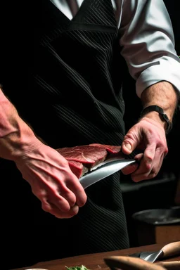 a man holding a steak as if it were a knife, stabbing someone in the chest