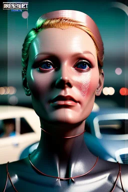 Ultra Realistic retro sci-fi, Supermarket parking scene, 1960 year, blonde woman, sweet young Juliane moore face, x ray lights eyes, face makeup, tight latex coat, levitating cars, many panic people, Retro sci-fi style, soft color, highly detailed, unreal engine 5, ray tracing, RTX, lumen lighting, ultra detail, volumetric lighting, 3d, finely drawn, high definition, high resolution.