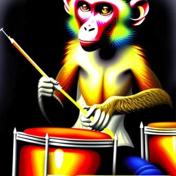 A monkey playing the drums, london at night, oil painting