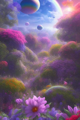 digital illustration, a world full of life divine thrill of biological tranquil sky, flowers, bright color splashes, high detailed 8 k,ufo rainbow