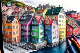 Colored pencil drawing, Very detailed, Drawing of the colorfull houses in the city Bergen in Norway. Colorfull, professional, detailed, pencil strokes, calm composition, zoom out, very detailed and realistic