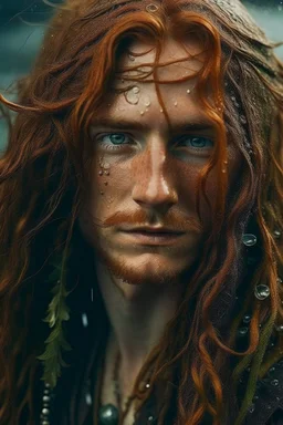 wet pirate nereid male with freckles and seaweed decorations in long auburn hair