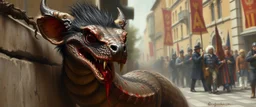 portrait of a hairy rock star wererat snake, fantasy art, style of Rembrandt,Dead drop discovery: While walking, a party member stumbles upon a small, blood-stained package hidden in a gutter. It contains a coded message to a cult of the Dead Three. 9-10 Parade of the Patriars: A noble's procession blocks the street with bone clubs. The crowd is forced to bow, and guards roughly shove anyone who doesn't move quickly enough.