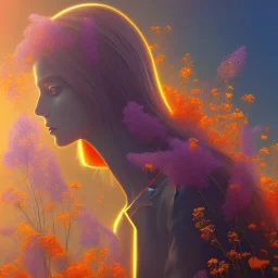 silhouette, monde en fleurs, concept art, crépuscule , bleu oranger, vibrant Color, réaliste