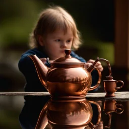 Reflection of a child on an old copper teapot