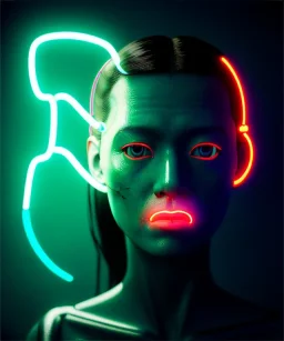 Ultra realistic photographic night portrait, cinematic, <Asian woman> many wires coming out of the head <perfect pupil><glow eye> <cyborg arm> <garage> <wide angle><x-rays> <retro futuristic> <Helmut newton photo style>, neon lights, color fog, soft color, highly detailed, unreal engine 5, ray tracing, RTX, lumen lighting, ultra detail, volumetric lighting, high definition.