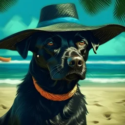 perro negro con lentes de sol y gorra bien canchero en una playa del caribe como caricaturan una playa del caribe al estilo de pintura Da vinci