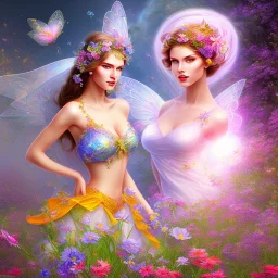 bright fairy, beautiful portrait, flowery landscape