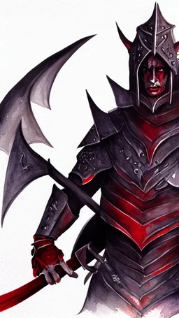 dnd, fantasy, watercolour, ilustration, elf, dark lord, armour, satanic, red, black, mighty, strong jaw, artstation