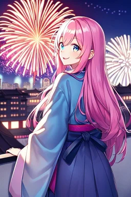 girl, masterpiece, best quality, cinematic lighting, detailed outfit, vibrant colors, perfect eyes, long hair, pink hair, blue eyes, kimono, fireworks, laughing, town, looking back,