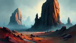 a strange colorful alien landscape, large rock formations, mist, dark, painterly, digital painting, brush strokes, vibrant,