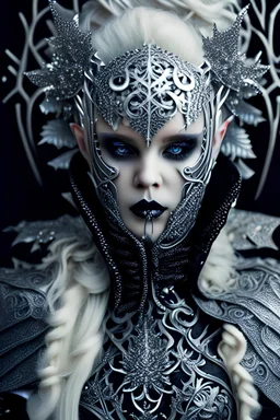 Beautiful faced young blond winter queen biomechanical woman, wearing silver goth punk metallic filigree floral face masque, adorned with goth punk silver metallic diadem headress, wearing biomechanical amalgamation style leather jacket dress ribbed with silver floral metallic filigree biomechanical vantablack pattern, organic bio spinal ribbed detail of gothic winter snowy backround extremely detailed maximalist hyperrealistic portrait