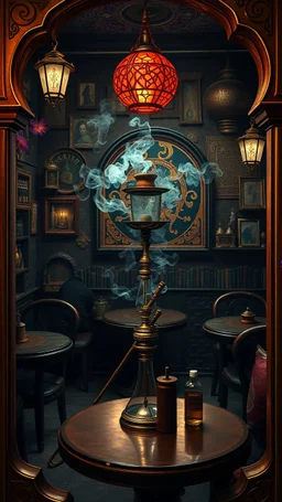 Bosch painting style nightmare , 3D , a Hookah smokers cafe with middle eastern decor on the background, high Quality picture , 8k