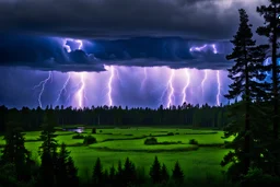 Thunderstorm with lightning, rain, view of mossy swamp from cabin window.