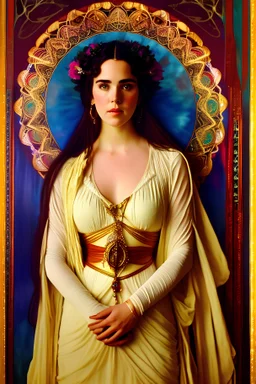 art by alfons mucha, full body image of 25-year old Jennifer Connelly, HDR, photo-realistic, scientific detail