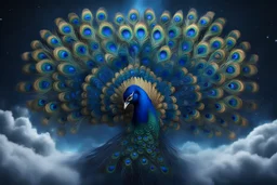 The majestic peacock screen rises from the clouds on a blue-black starry background 4K 3D High Resolution, High Stereoscopic Look, High Detail, High Quality, Concept Art, Abstraction, 8K Fantasy, Beautiful, Elegant, Intricate, Colorful, Focused