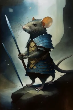 1970's dark fantasy cover dnd style oil painting of a tiny medieval rat knight in the mist with minimalist far perspective in an abstract pattern background.