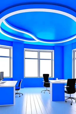 The office desks room is hung on the walls in an oval shape, the color of the walls is blue, the floor is white, and the shape of the offices is curved