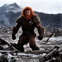 [photo from The Thing (1982)] once a flourishing field, now reduced to burned ruins, fumes of death hung heavy in the air. Amidst the devastation, an enraged redhead Barbarian, a towering figure of wrath and fury, thundered across the desolate landscape. His eyes blazed with a primal rage as he sprinted towards a lone white paladin, clad in chrome steel plate armor, a beacon of light amidst the darkness. The Barbarian faces the paladin.