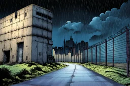 comic book style zombie apocalypse fortified bunker building. Tall walls with military watchtowers, barbed wire fences. Large armored heavy metal doors. Post apocalyptic city setting. Road leading up to it. Night, rain