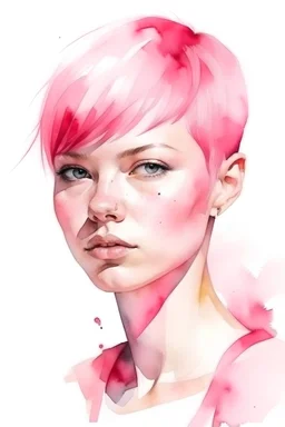 Watercolor short pink fringe hair female portrait
