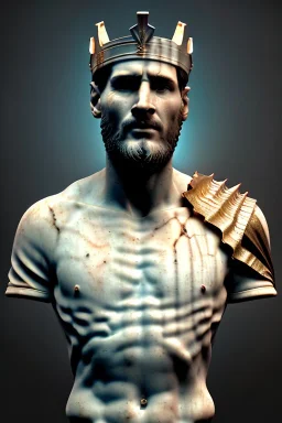 Ultra Realistic image, Roman sculpture, white marble material, Lionel Messi, gold crown of natural thorns, god crown, Miguel Angel style, sun rays background, waist up portrait, epic, celestial, cinematic lighting, God lights, 4k resolution, smooth details, soft lighting, unreal engine 5, art station, substance 3d.