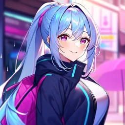 Clear focus, 8k, high quality, detailed, beautiful lighting, girl, vibrant colors, blue long hair, vibrant pink eyes, raining, ponytail, smile, jacket,