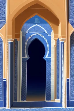 An open gothic_arab doorway in a tiled blue wall with a view of a desert landscape