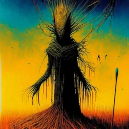 scarecrow revisionist history, lovecraftian reanimated straw gods in the gaps of reality, horror surrealism, by Dave McKean and Arthur Secunda and Zdzislaw Beksinski, mind-bending pen illustration; warm colors, diagonal composition, arcane rune-like vertical textures, dark shines war, complex contrast