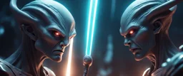 Close-up confrontation between an ancient alien outcast leader and a space broker, standing only a meter apart, intense eye contact, glowing crystalline rod between them, anger mixed with sadness, dramatic facial expressions, shallow depth of field, cinematic lighting, stylized 3D anime, airbrush painting, crisp outlines