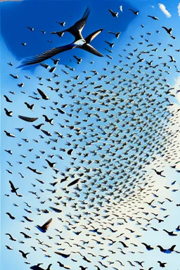 realistic drawing of a swarm of detailed swallows in the blue sky.