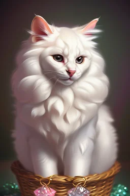 An extremely cute adorable fluffy plushy white smiling cat holding a basket of jewels and gems. His fur is realistic. The background is a romantic carpet bokeh digital painting extremely detailed studio lighting crisp quality and light reflections 8k cinematic lighting portrait photorealistic ultra detailed cinematic postprocessing focused