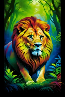 Colorful front cover image of a full figured lion inside deep forest