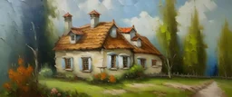 a painting house landscape, oil paint impasto reliefs
