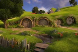 The town of Hobbiton in the Summer, the shire, beautiful scenic landscape, lord of the rings, wide angle, super highly detailed, oil painting, artstation, concept art, smooth, sharp focus, no blur, no dof, extreme illustration, unreal engine 5, photorealism, hd quality, 8 k resolution, cinema 4 d, 3 d, beautiful, cinematic, art by artgerm and greg rutkowski and alphonse mucha and loish and wlop