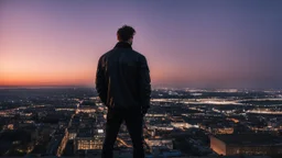 An Englishman in a bomber jacket standing to one side of a tall building looking across a city after sunset