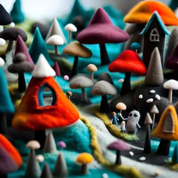 Close-up photograph of a village made of felt, people, rock formations, animals, fungi, crystals, mineral concretions, extreme detail, intricate, colours, Tim Burton, Harry Potter, sinister scribbles, sparkles, bokeh