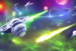 spaceship battle, spaceships, explosions, lasers, green lasers, explosions, painting