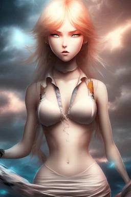 Stunning anime beauty with striking looks in a stormy background