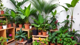 A photo of an indoor jungle with a variety of tropical plants. There are large plants with big leaves, like palms and ferns. There are also smaller plants with colorful flowers. The plants are placed in pots of different sizes and shapes. The pots are arranged on wooden shelves, crates, and the ground. The background is a white wall with a few holes.