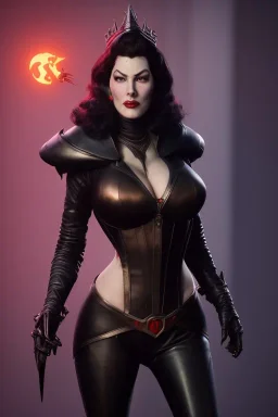 Ava Gardner as evil queen in black leather, busty, cleavage, curvy, angry, stern look. character design by cory loftis, fenghua zhong, ryohei hase, ismail inceoglu and ruan jia. unreal engine 5, artistic lighting, highly detailed, photorealistic, fantasy