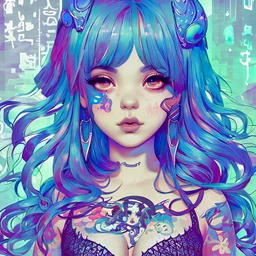 singer Melanie Martinez face, beautiful cyberpunk huge girl, hyperdetailed, illustration by Katsushika Hokusai, darkblue tones,