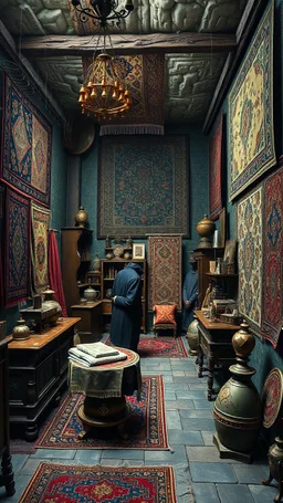 Bosch painting style nightmare , 3D , a gift store from the middle eastern decor and rugs on the wall in the background, high Quality picture , 8k