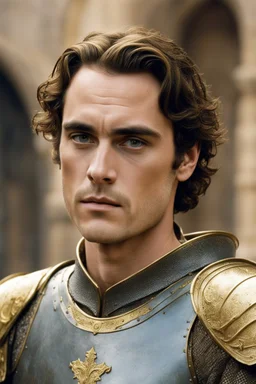 Joaquin Phoenix from year 2000, draped waves haircut, in medieval setting, in medieval armor colored back and gold