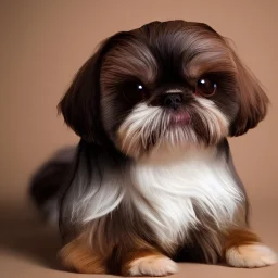 studio photographic portrait of a very beautiful and playfull Brown Shih Tzu that looks funny