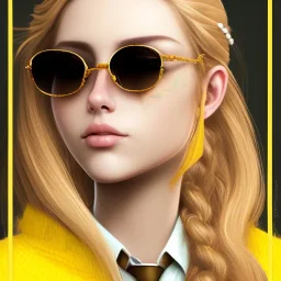 Girl with long wavy brown blond hair, yellow hawk eyes. Wears Hogwarts Hufflepuff uniform and sunglasses with a yellow clip.