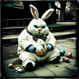 Dramatic vintage polaroid picture, white obese crepey mottled skin frightening Lovecraftian anthropomorphic Easter Bunny creature sitting on sidewalk with his knuckles on his chin looking dejected and frustrated, cracked egg on street yolk leaking out, sinister whimsey, oddball masterpiece, sfumato, dark humor, complex contrast, dynamic composition,