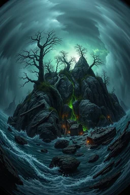 in the style of Fisheye lens. detailed close-up concept art of a Lovecraftian horror, chthon island featuring a decaying a submay Focus on gnarled trees around rocky cliffs, with the a deep cracks and glowing substance oozing from them. Include hints of nightmarish creatures beneath turbulent waters. The stormy sky casts an eerie and green glow, with shipwreck debris and ancient ruins scattered on the shore to emphasize the sense of dread and abandonment