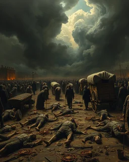 Bosch painting style, nightmare , a lot of people on the ground dead scared because of the The Black Death was a bubonic plague pandemic dead bodies are carried by wagons dramatic, great quality picture with cinematic scenes , heavy clouds in the background
